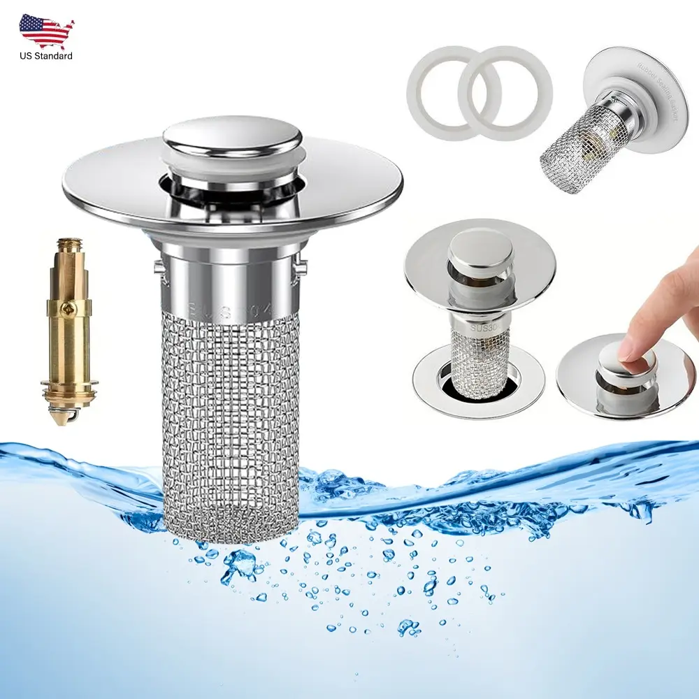 304 Stainless Steel Universal Pop-Up Sink Drain Stopper, Removable Hair Catcher Filter Basket, Anti-Clog Anti-Odor Wash Basin Drain Plug