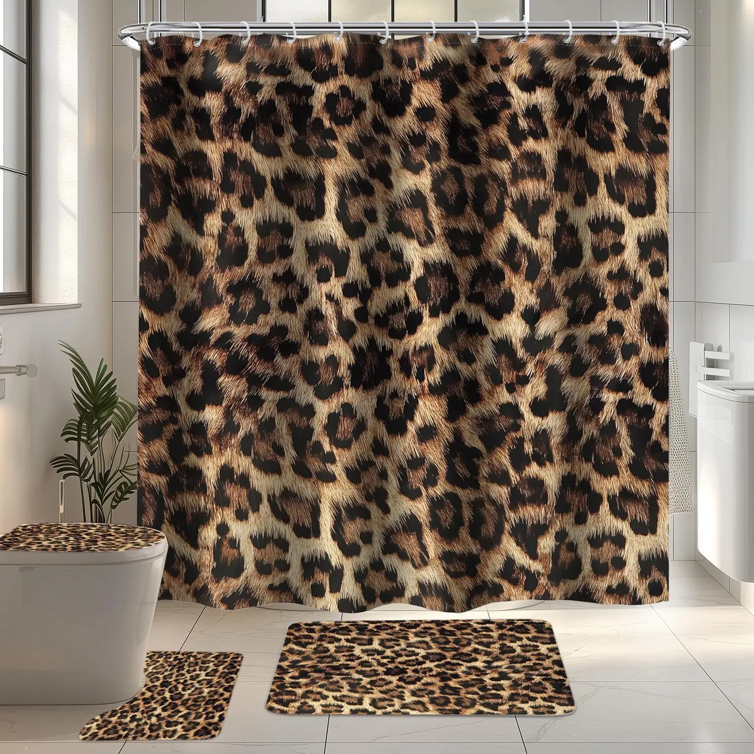 Modern 4-Piece Wild Safari Cheetah Animal Design Shower Curtain Set (72Wx72H) - Bathroom Decor Kit with Toilet Lid Cover, Non-Slip Rugs, U-Shaped Mat, 12 Hooks, Animal Design Shower Curtains Sets, Leopard, Shower Curtain Liner