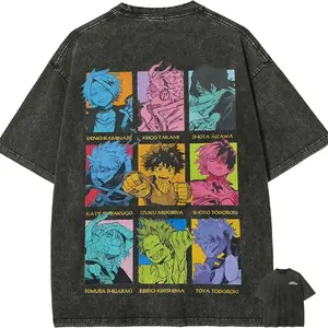 My Hero Academia T Shirt Men Acid Wash Anime Bakugo Todoroki Midoriya Graphic Cotton Streetwear Manga 9 Grid Collage Tee