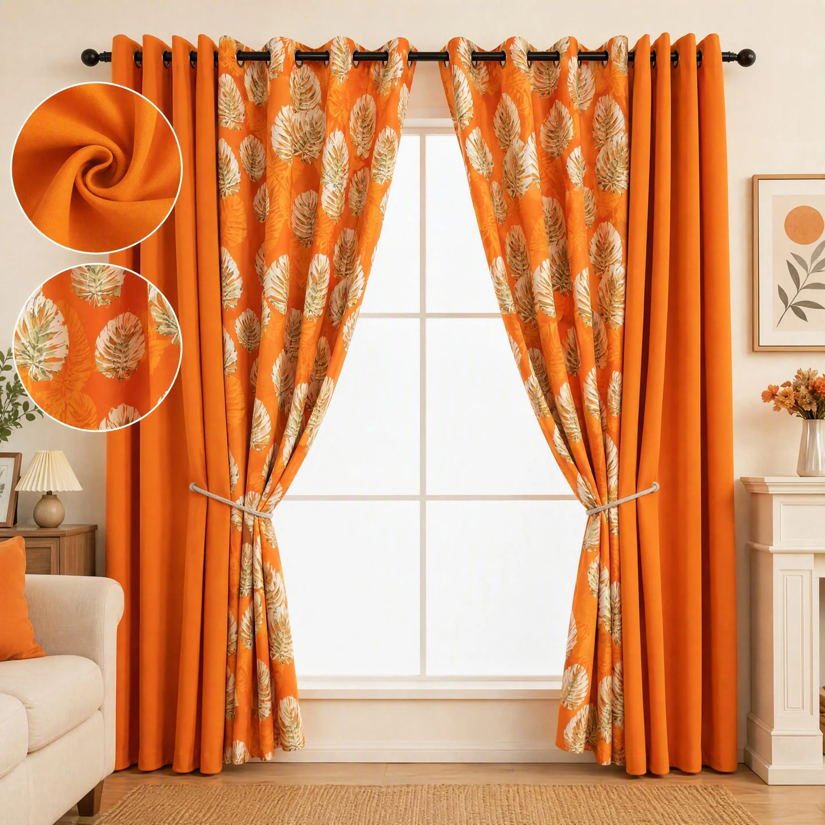 Boho Blackout Curtains 4 Panels Combo Set 52x84 Inch, 2 Solid Plus 2 Flower Printed Light Blocking Panels, Thermal Insulated Noise Reducing Privacy Grommet Window Drapes, Cozy Botanical Decor for Bedroom Living Room Apartment Cottage QF222 & QF345