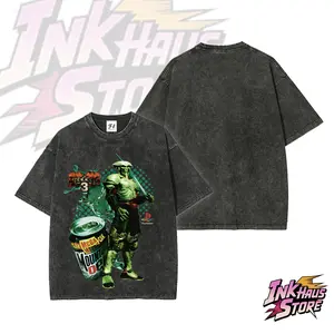 Tekken 3 character Yoshimitsu collaborates with Mountain Dew beverage in a promotional image – Short Sleeve Cotton Unisex Retro Wash Tee