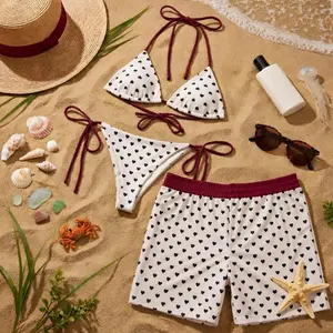 Matching Polka Dot Couples Swimwear Set, String Bikini and Swim Trunks Beach Outfit, Cute Summer Vacation Swimwear for Couples