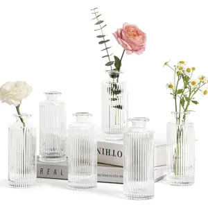 Small Vases  Mini Clear Glass Bud Vases in Bulk, 5.2 inch Tall Mini Flower Vase, Vases for Centerpiece, Ribbed Vase, Wedding Table Ceterpiece,  Decor, Housewarming  (Clear)