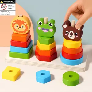 Wooden Animal Shape Sorting Puzzle Tower, Stacking Educational Toy for Kids, Early Learning Shapes Game, Brain Development Playset