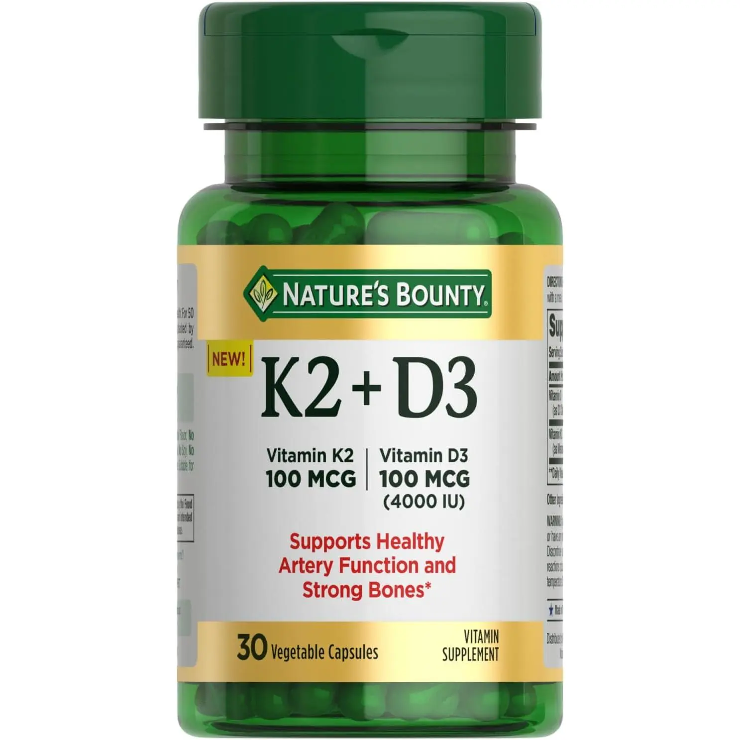 Nature’s Bounty Vitamin D3 K2 Supplement, 4000 IU Vitamin D3 plus 100 mcg of Vitamin K Supplements for Adults for Heart & Bone Health Support, 30 Day Supply, 30 Vegetarian Capsules