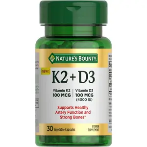 Nature’s Bounty Vitamin D3 K2 Supplement, 4000 IU Vitamin D3 plus 100 mcg of Vitamin K Supplements for Adults for Heart & Bone Health Support, 30 Day Supply, 30 Vegetarian Capsules