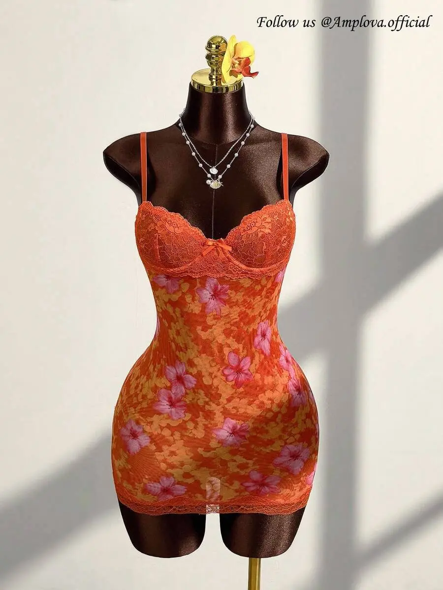 SHAWIX Lace Cup Detail Tropical Floral Mesh Bodycon Mini Dress,Bohemian Clothes