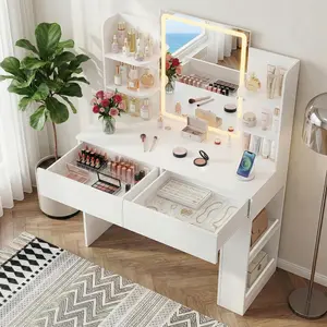 Furmax Modern LED Lighted Makeup Vanity Desk with Mirror - LED Light Strip, 3 Lighting Colors, Adjustable Brightness, 2 Drawers, Side Storage, Elegant Shelf, Compact Design for Bedroom Cosmetics Storage (Matches Indoor Furniture Decoration)