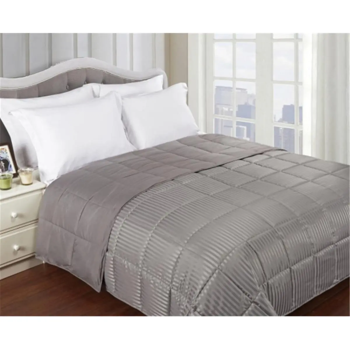 212 MAIN Hypoallergenic Reversible Down Alternative Blanket - Full/Queen Size, Grey, All-Season Warmth, Striped/Solid Design Options