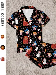 Women's Labyrinth Printed Sleepwear Set, Comfortable Two-Piece, Short Sleeve Button-Up Top and Elastic Shorts, Casual Home Wear, Pajama Set