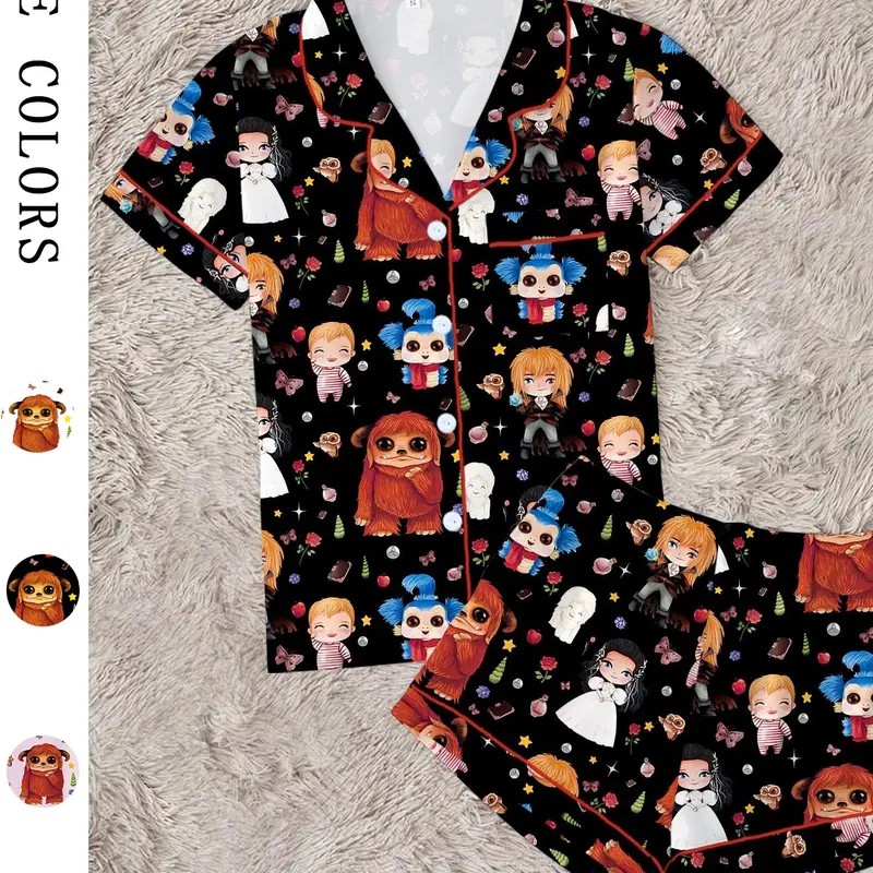 Women's Labyrinth Printed Pajamas Sleepwear Loungewear Set, Comfortable Two-Piece, Short Sleeve Button-Up Top and Elastic Shorts, Casual Home Wear, Pajama Lounge Sets