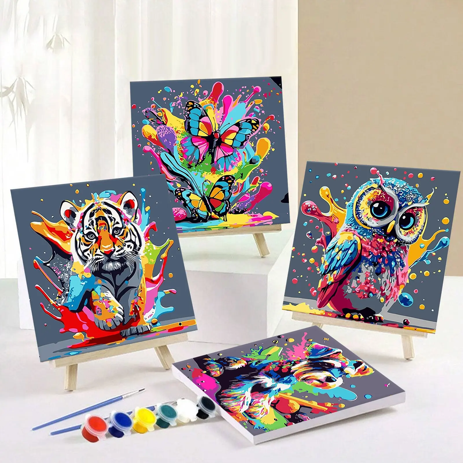 4pcs Paint By Numbers Kit for Adults Beginners -8x8in/20x20cm Color Canvas, Diy Painting Supplies, Easy DIY Animal Acrylic Painting Set - Wall Decor for Home, Creative Gift for Birthday, Mother's Day and Christmas, Without Frame