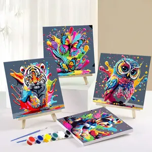 4pcs Paint By Numbers Kit for Adults Beginners -8x8in/20x20cm Color Canvas, Easy DIY  Animal Acrylic Painting Set - Wall Decor for Living Room and Bedroom, Creative Gift for Birthday, Mother's Day and Christmas, Without Frame