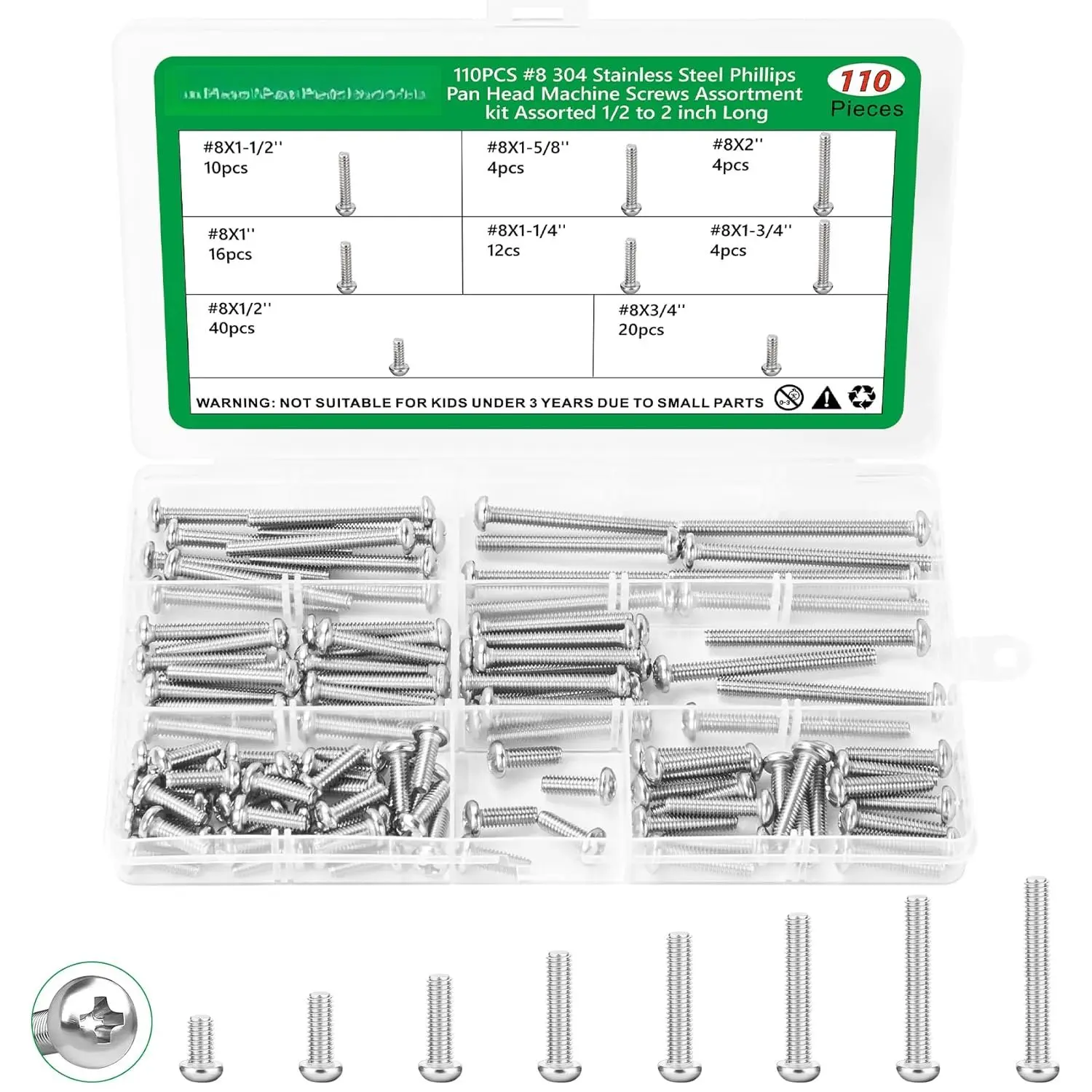 110 count Machine Screws Assortment kit,Assorted 1/2 to 2 inch Long # 8-32 Machine Screw,304 Stainless Steel Phillips Pan  Screws  for Electrical Wall Socket Repairs