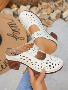 Women's Retro Hollow Out Chunky Heel Sandals, Breathable Slip-On Mother Shoes, Non-Slip Soft Sole, Multiple Colors Available, Sandals Heels
