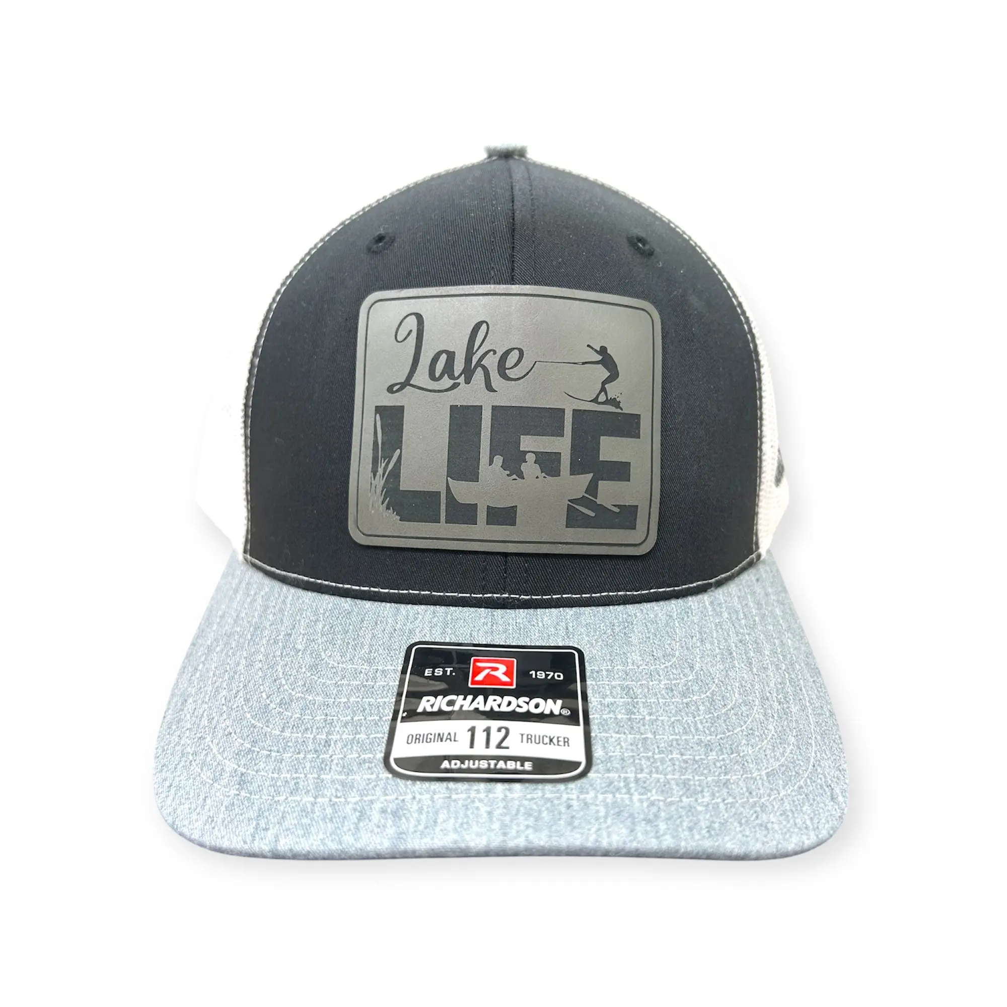 Richardson Lake Life Patch Hat - Richardson 112, Black/White/Gray, Slate Patch, UV-Blocking, Adjustable, Perfect for Lake Lovers
