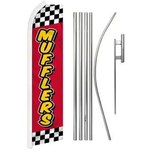 Large Interlock Advertising Banner & Pole Kit - Red Checkered Polyester Fabric Muffler with Curved Sleeve, Steel and Aluminium Components