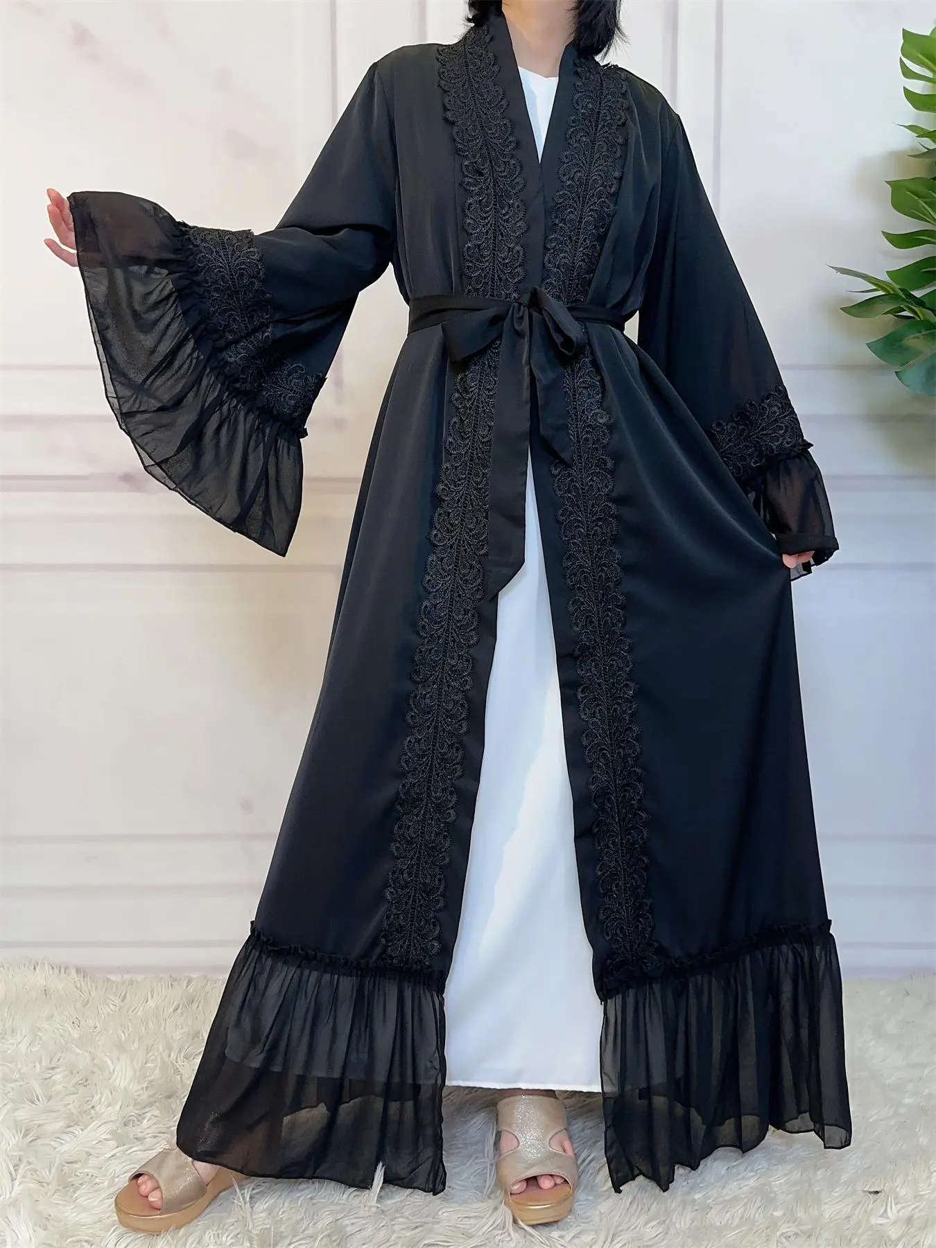 Women's Solid Contrast Floral Lace Mesh Belted Nightdress, Elegant Long Sleeve Flounce Sleeve Nightgown, Ladies Sleepwear & Loungewear, Stylish Nightwear for Spring & Fall, Womenswear