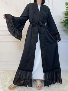 Women's Solid Contrast Floral Lace Mesh Belted Nightdress, Elegant Long Sleeve Flounce Sleeve Nightgown, Ladies Sleepwear & Loungewear for Spring & Fall, Womenswear