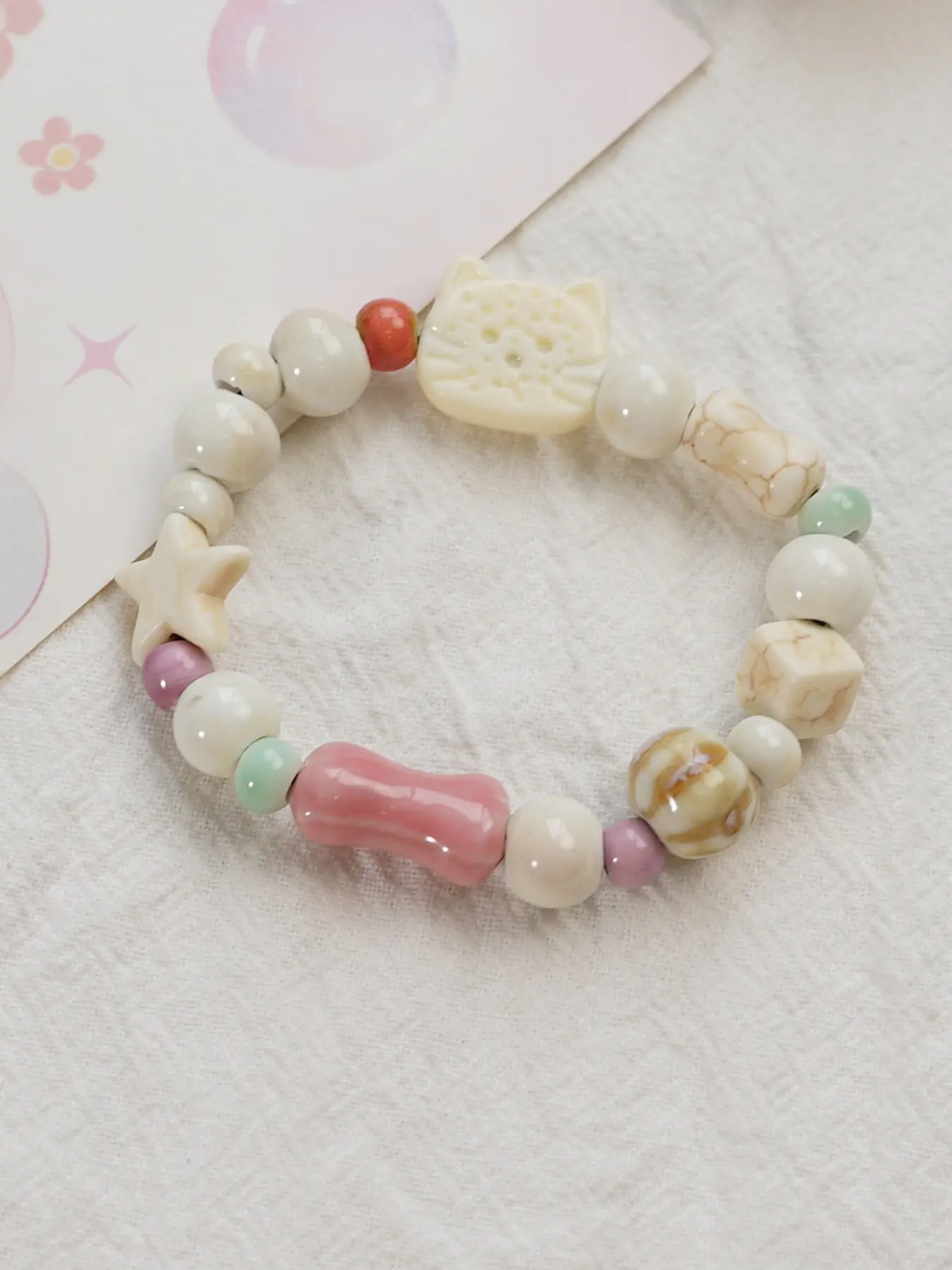 Cute Cat Bracelet Set Mixed Material Ceramic Jewelry Cartoon Design High Aesthetic Value Perfect Gift for Friends