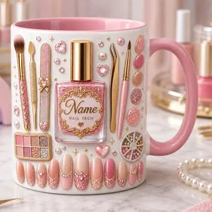 Custom Name Nail Tech Mug 2D Printed 3D Effect Pink Manicurist Coffee Cup, Personalized Gift for Nail Artist Manicurist, Premium Ceramic Mug for Beauty Professionals, Birthday Appreciation Gift Idea for Her Salon Owner Coworker