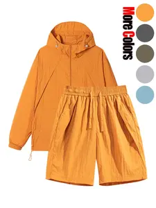 Two-piece Set Men's Solid Color Hooded Jacket & Wide Leg Shorts, Casual Breathable Quick Drying Outerwear & Shorts for Outdoor Hiking Fishing, Men's Summer Clothes, Fall outfit