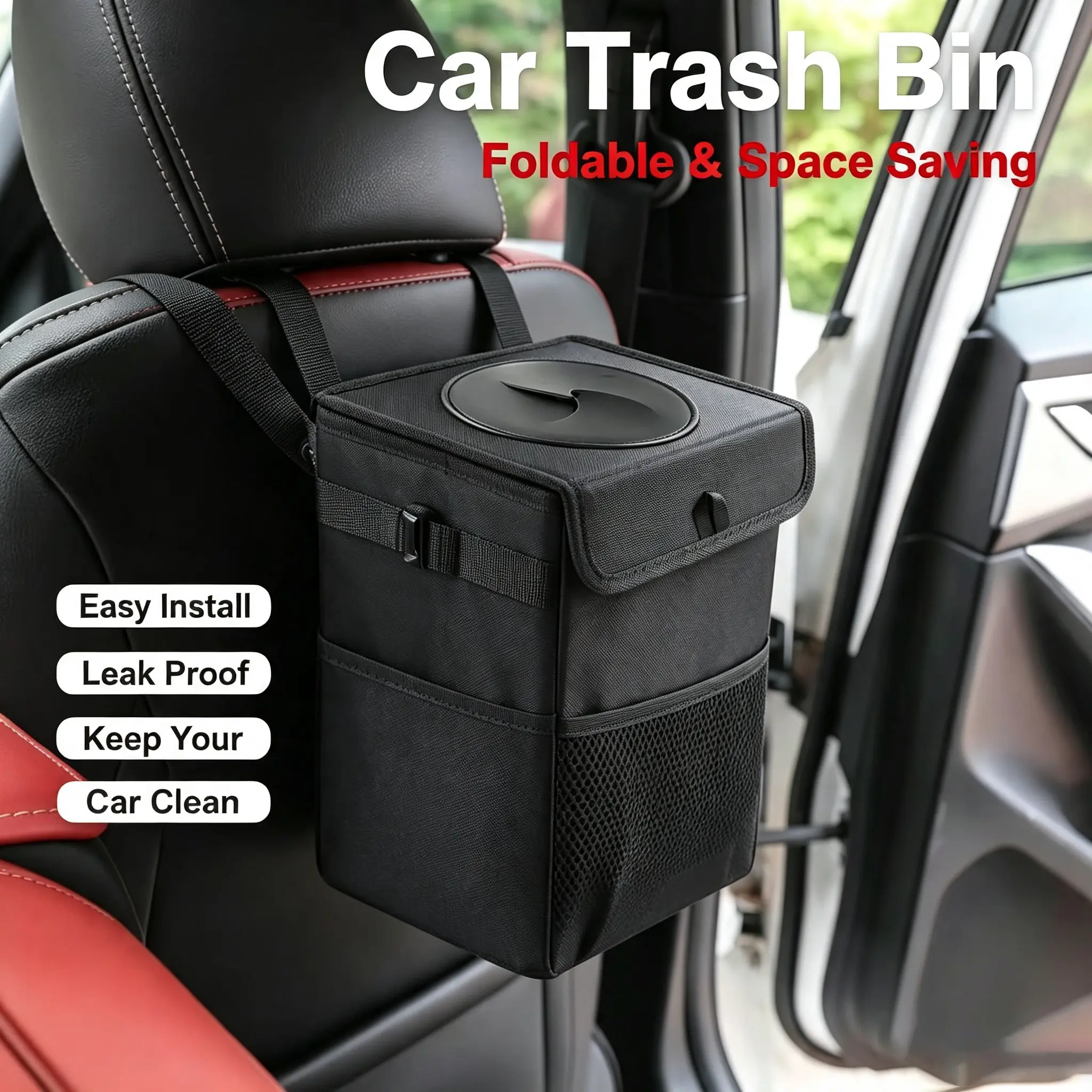 DIYCOM Car Trash Can with Fits Cup Holder - Leakproof, Water-Resistant, Foldable Design Auto Garbage Bin with Lid, Cars Vehicle Accessories for All Seats Mounting & Tidying Clean Driving