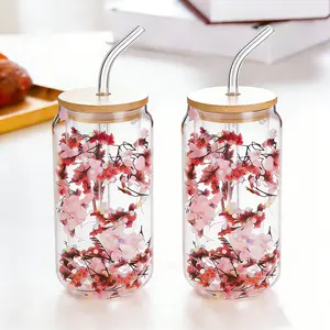 2 Pack High Borosilicate Transparent Glass Cups, Double-Layer Insulated Sand Flow Cups, Milk Coffee Cups with Straw Lids, Dried Flower and Preserved Flower Cups, Crystal Cups, Cold and Heat Resistant, Cute Portable Cups, Aesthetic Coffee Bar Accessories