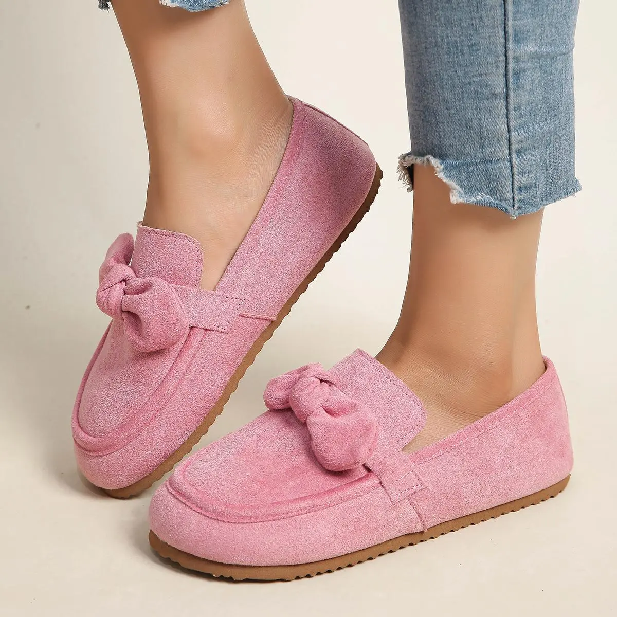 Loafers for Women, Chic Faux Suede Slip-On Flats with Bow, Cute Non-Slip Sole Walking Shoes for Office, Footwear, Padded, Ribbon Knot Flats, Casual, Versatile Flat Shoes