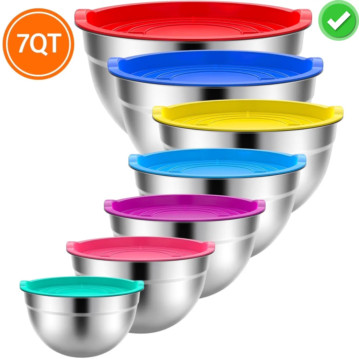 Mixing Bowls with Lids: 7 Pack Stainless Steel Mixing Bowls Set, Metal Nesting Mixing Bowls for Kitchen, 7/4.5/3.0/2.0/1.5/1.0/0.7QT, Great for Prep, Baking, Serving,