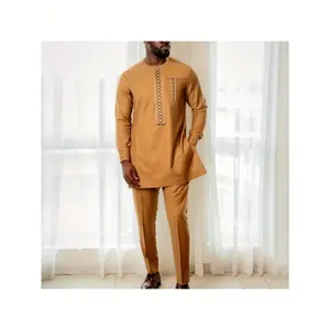 Men'S African Ethnic Kaftan Suit - Traditional Islamic-Inspired Long Sleeve Robe with Stand Collar & Button Front Closure, Vibrant Blue & White Geometric Pattern, All-Season Casual & Formal Wear, Cultural Apparel for Eid, Ramadan, Weddings - Comfortable R