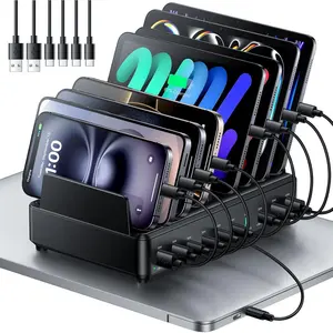 400W  Station for Multiple Devices, 10 Port Double PD 100W USB C  Station with 6 Cables, Multi-Device Organizer   Dock for MacBook, iPad, , Cell Phone, Tablet