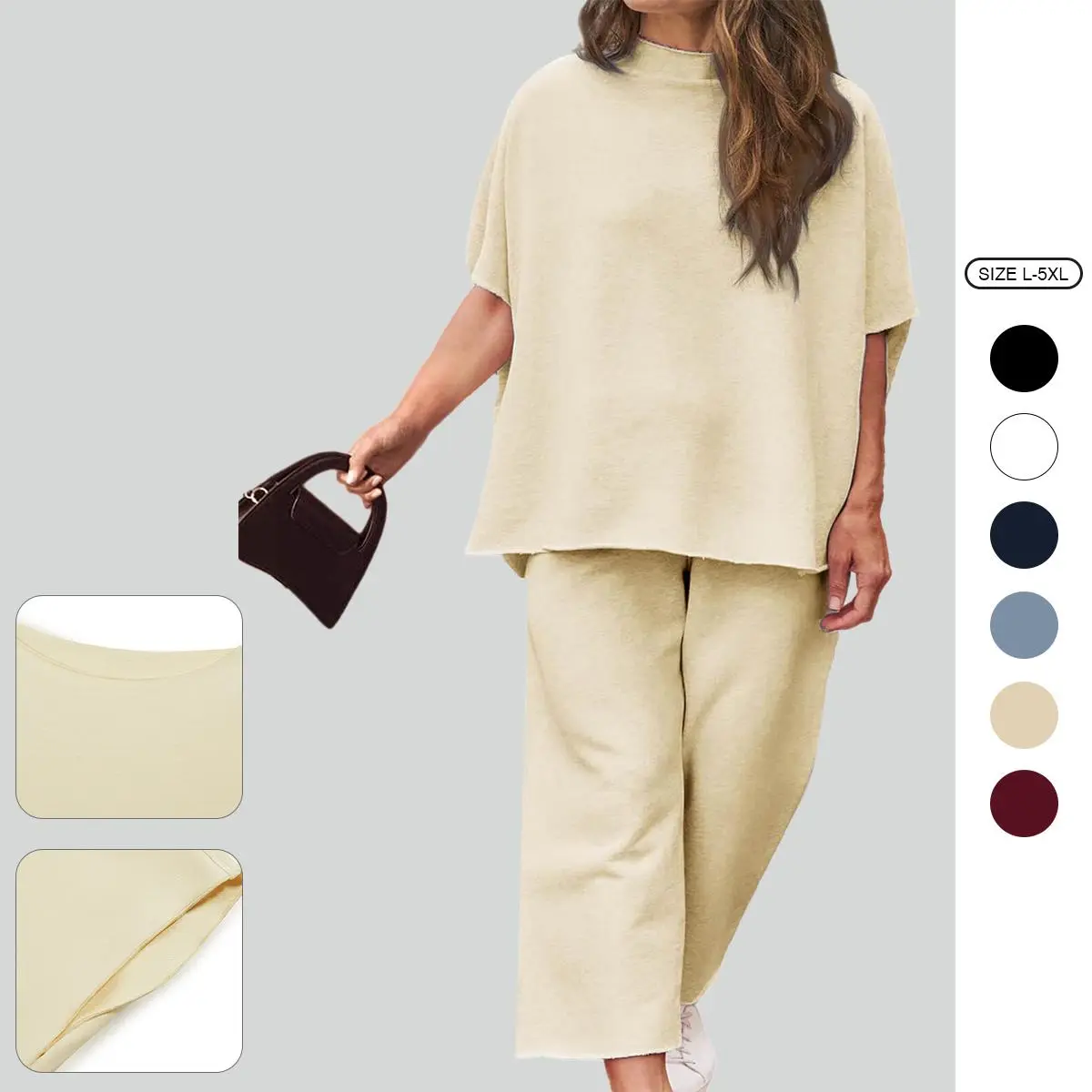 Imily Bela Lady's Basic Casual Cotton 2-Piece Plus Size Loungewear Set, L-5XL Women's 3/4 Batwing Sleeve Capelet Crew Neck Pullover Top & Wide Leg Pants Nightwear, Comfortable