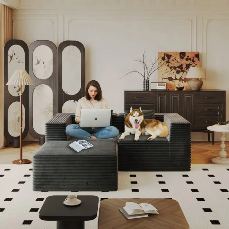 78” L-Shaped Cloud Loveseat Sofa with 1 Ottoman, Corduroy Fabric Boneless Couch, High-Density Memory Foam Compression Sofa in a Box, No Assembly Required for Small Space Living Room (Grey)