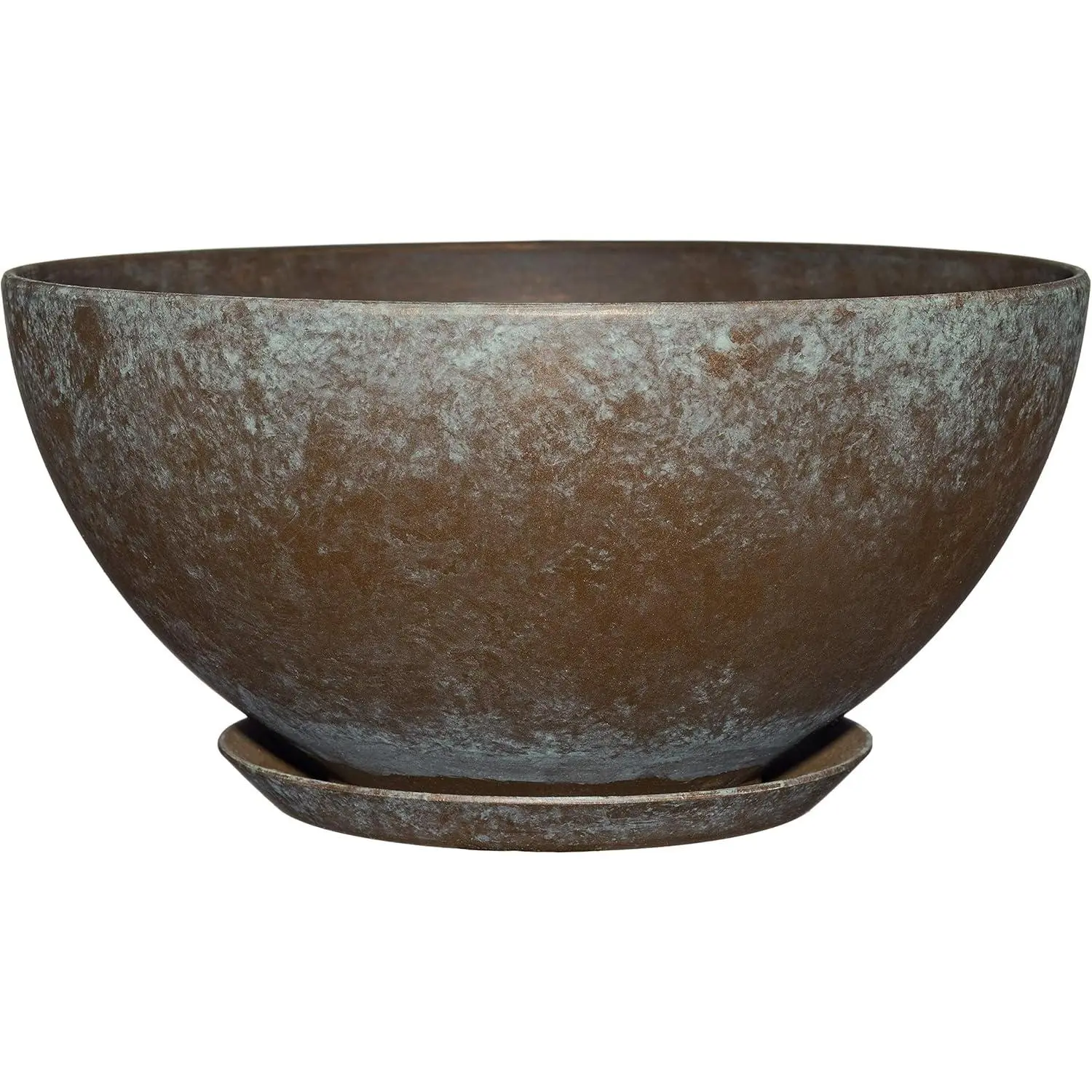 Traditional Rosie Classic Durable Lightweight Resin Planter Bowl - 10D x 10W x 5H Shallow Round Flower Pot, Single Drainage Hole, Attached Saucer for Small Plants, Indoor-Outdoor Room Decor (Weathered Copper), Customizable Drainage