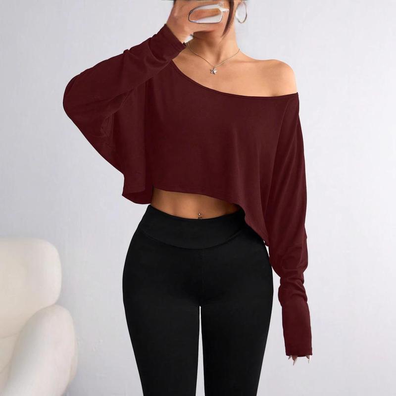 Loose Off The Shoulder Crop Tops for Women Long Sleeve Oversized Crop Tops Workout Spring Summer Casual T Shirt