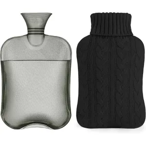 Hot water bottle (with knitted cover), 2-liter hot water bottle, suitable for hot and cold compresses, keeping hands and feet warm, ideal for relieving menstrual cramps, neck and shoulder pain, black.