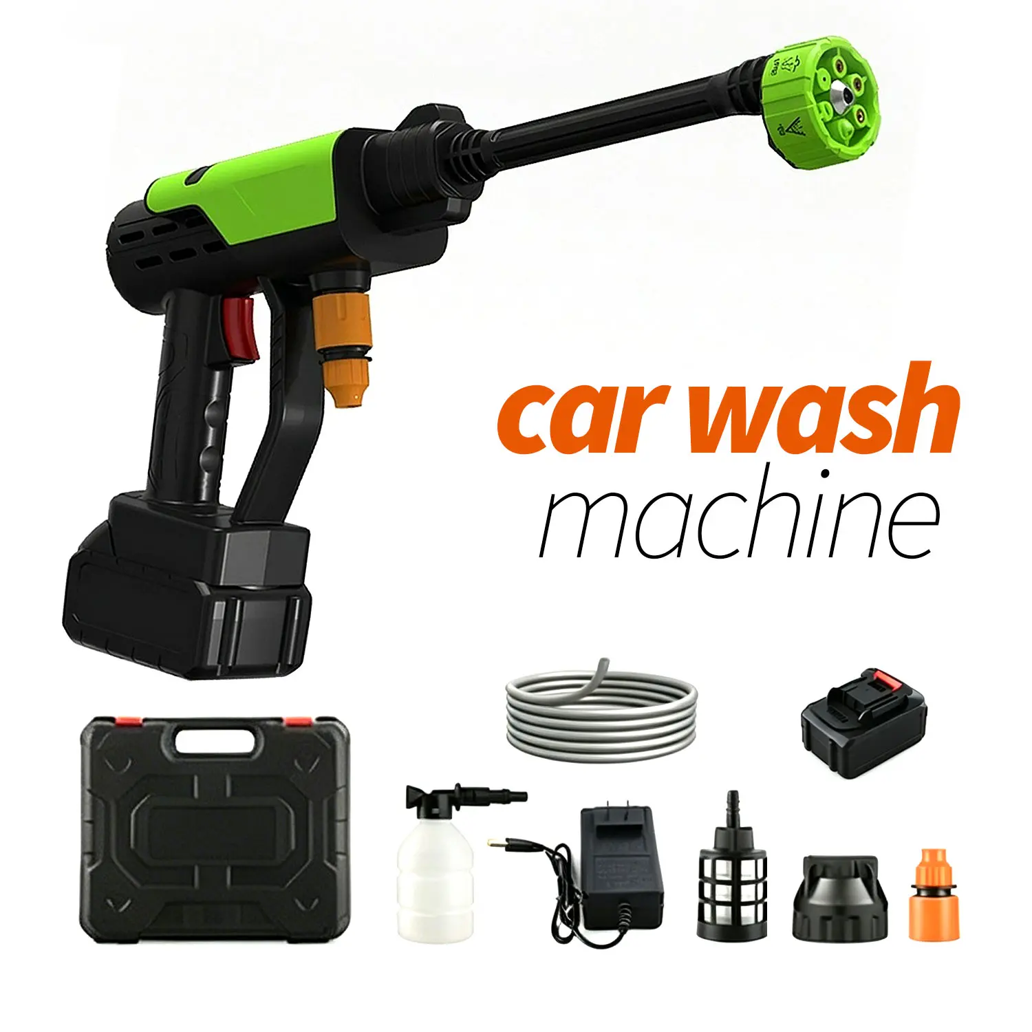 Portable Cordless Lithium-Ion Battery-Powered Pressure Washer for Home Users & Cars, Includes Portable Gun, Hose Set, Single-Port Charger Base & Full Accessories, Easy-to-Use