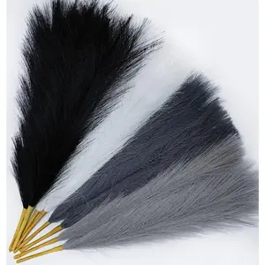 8 count 17" Pampas Grass Faux Dried Decor, Fluffy  Small Pompas Artificial Black White Grey Gray Pompous Short Stems Bouquet Flower Arrangement Vase Filler for Boho Home Wedding Decoration