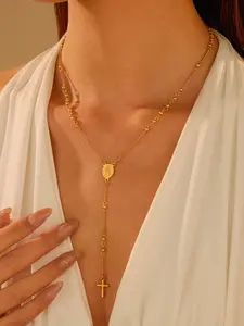 Women's Beaded Necklace, Men's Stainless Steel Religious Cross Pendant, 18k Y-Shape Necklace, Drop Necklace, Daily Wear & Gift