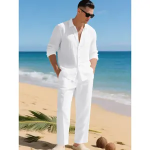 Men's Summer Linen Shirt & Pants Set, Casual Long Sleeve Beachwear, Comfortable Fashion Clothing for Vacation