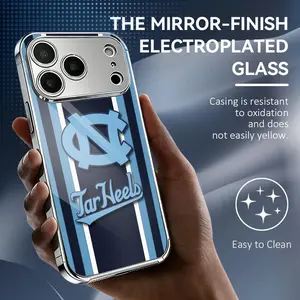 N-North Carolina Tar Heels rugby football logo Phone Case For iPhone 17 16 15 14 13 12 Pro Max Plus Electroplated Metal Bumper Case Slim Tempered Glass Back Shockproof Anti-Scratch Luxury Case Fashion Durable Stylish