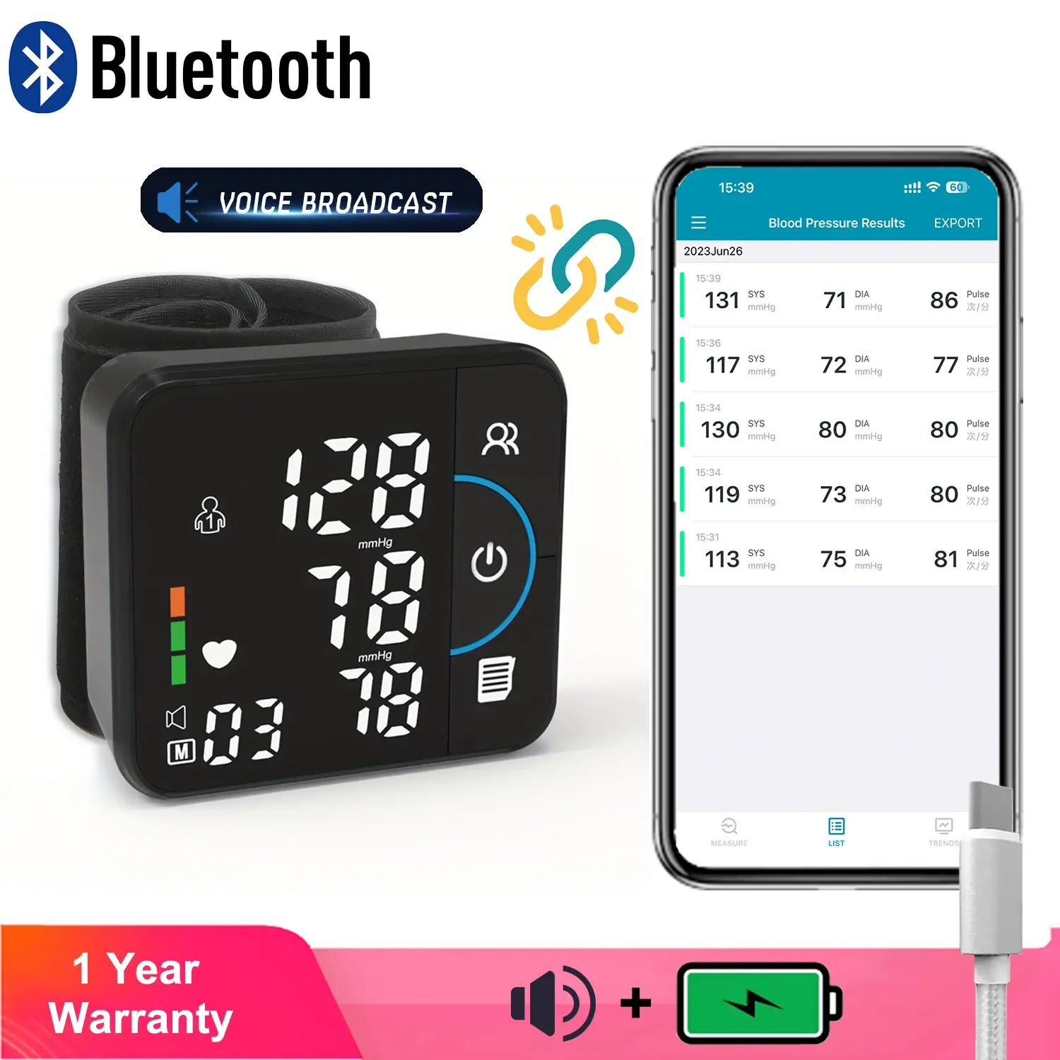SCHBIT Wrist Blood Pressure Monitor - Wrist Blood Pressure Cuff for Home Use, Bluetooth Digital BP Machine with App Data Storage, Rechargeable Type-C Charging, Voice Broadcast, Large LCD Display, Irregular Heartbeat Detection, Blood Pressure Cuffs For Hom