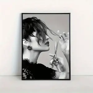 A Black and White Hairstyle Art Canvas Poster - Frameless Modern Monochrome, Suitable for Living Room, Office, Barber Shop Decoration - Fashionable Home and Commercial Large Painting, Barber Shop Decoration 40.01* 59.94cm .2D Flat