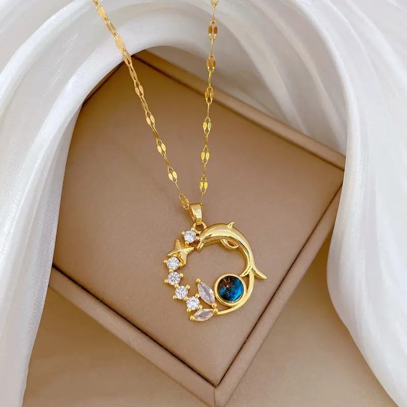 Dolphin Necklace Jewellery for Women, Elegant Copper Material Pendant with Starry Sky Glass, Valentine-Ready Charm for Party