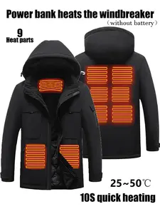 Men's Winter Heated Charging Jacket, Thermal Lined Outerwear, Windproof Ski Coat, 9 Heating Zones, Waterproof, Fitted, Fall & Winter Outdoor Wear