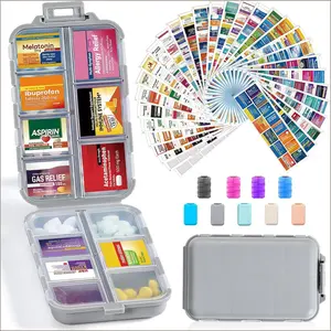 Travel Pill Organizer with 415 Labels, 14-Compartment Portable Medicine Case, Daily & Weekly Vitamin Holder for Purse & Pocket, Ideal for Summer Travel