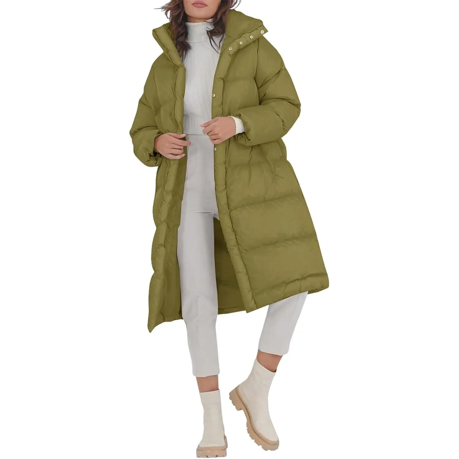 FMEYOA Women's Long Puffer Jacket Stand Collar Zip Baggy Down Coats with Side Pockets Outwear
