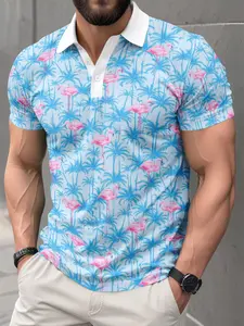 Men's Summer Flamingo Palm Tree Print Polo Shirt, Casual Short Sleeve Collared Golf Shirt, Breathable Lightweight Hawaiian Beachwear