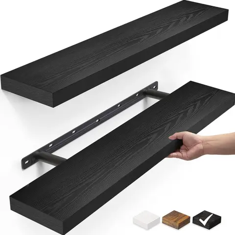 22.5-Inch Brown Chic Wooden Floating Shelves (Set of 2) - 4 x T-Type Metal Brackets, Wall Mounted Organizer, Scratch-Resist Top, Durable Easy-Install Rack, Modern Home Decor, Shelves for Bedroom, Kitchen Accessories, Simple Installation